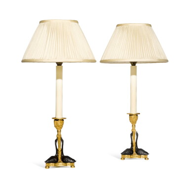 View full screen - View 1 of Lot 22. A pair of bronze and gilt-bronze swan-form candlesticks, 19th century.