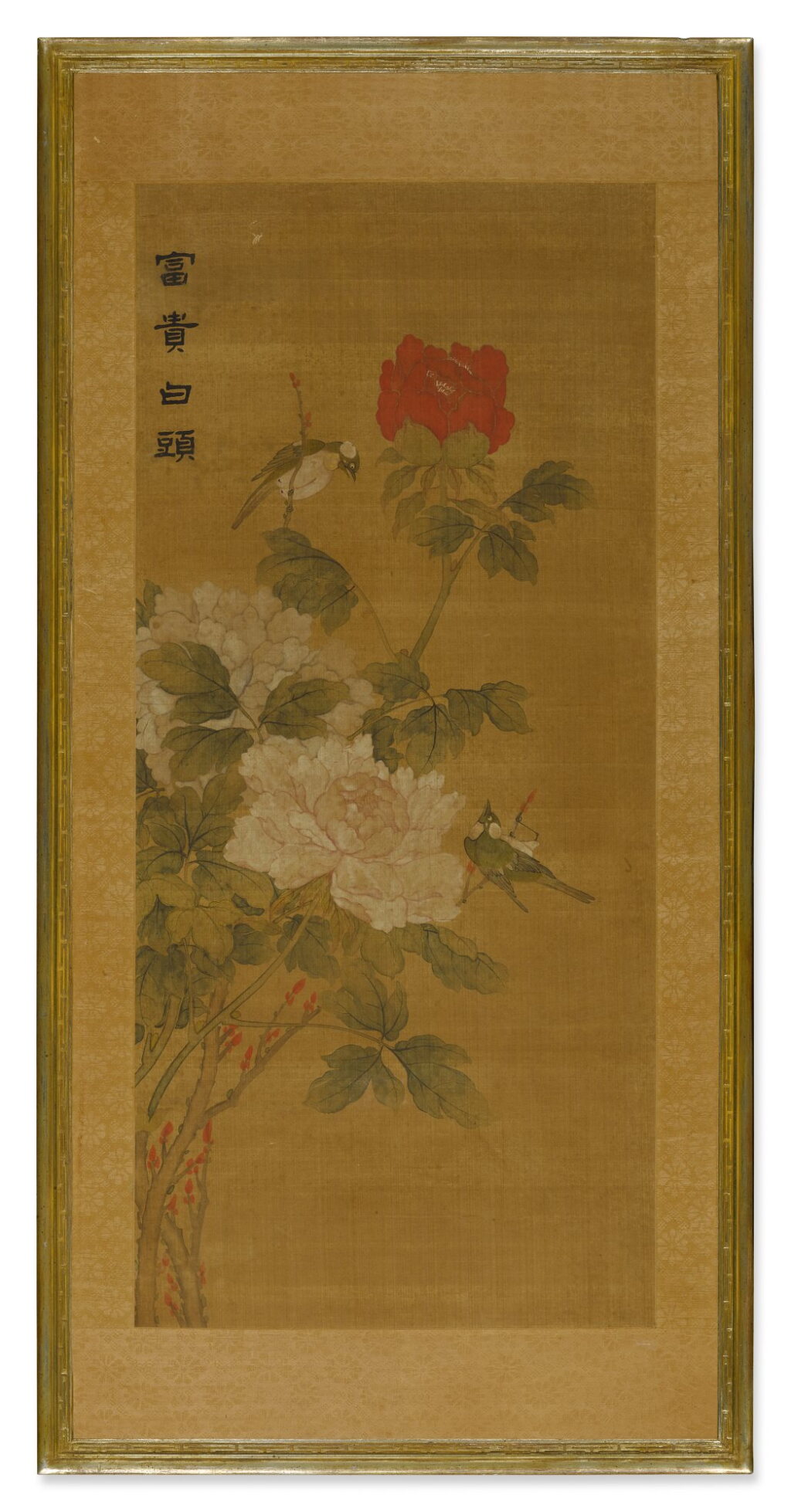 View full screen - View 1 of Lot 75. Anonymous (Qing dynasty), Peonies and Chinese Bulbuls, ink and color on silk, framed | 佚名(清) 富貴白頭 設色絹本 裝框.