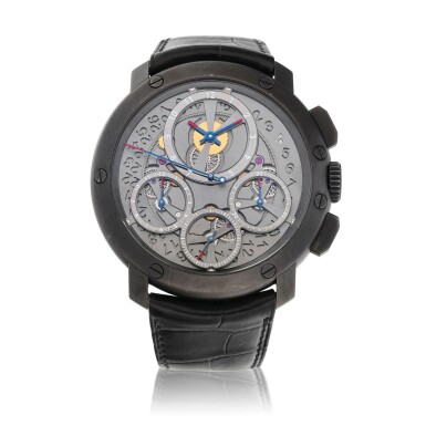 View full screen - View 1 of Lot 8089. Guy Ellia | Jumbo Chrono Carbone, Reference OGNRS2388, A PVD-coated white gold semi-skeletonised chronograph wristwatch with date, Circa 2010 | Jumbo Chrono Carbone 型號OGNRS2388 PVD塗層處理白金半鏤空計時腕錶,備日期顯示,約2010年製.