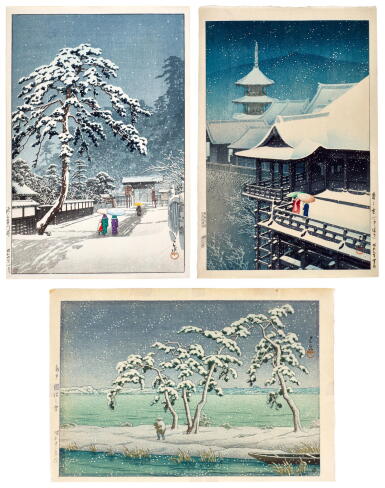 View full screen - View 1 of Lot 122. Kawase Hasui (1883-1957) | Three woodblock prints depicting snow scenes | Showa period, 20th century .