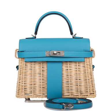 View full screen - View 1 of Lot 25. Bleu du Nord Swift Leather and Osier Mini Picnic Kelly 20 Palladium Hardware, 2020.