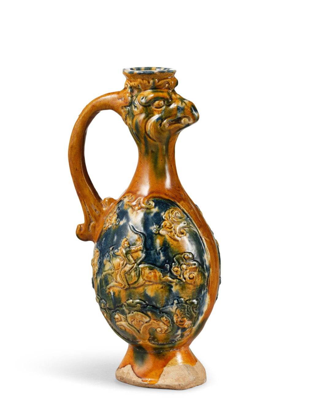 View full screen - View 1 of Lot 1090. A blue-splashed and sancai phoenix-head ewer, Tang dynasty | 唐 三彩加藍鳳首壺.