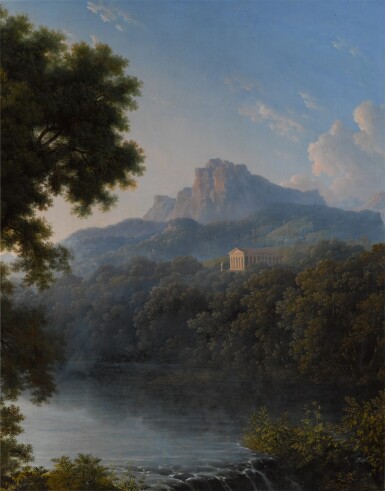 View full screen - View 1 of Lot 215. An Italianate landscape with a classical temple overlooking a lake.