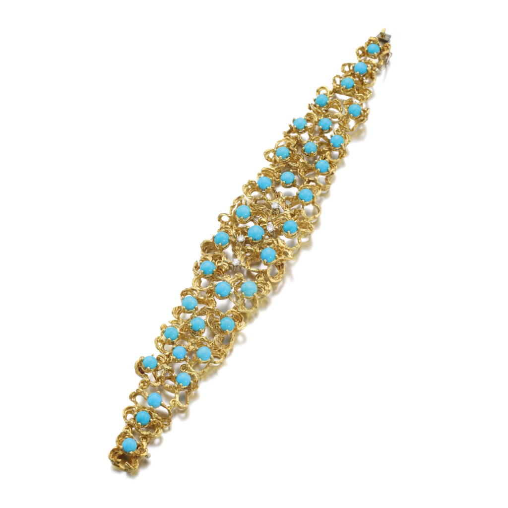 View full screen - View 1 of Lot 6. TURQUOISE AND DIAMOND BRACELET, BUCHERER, 1960S.