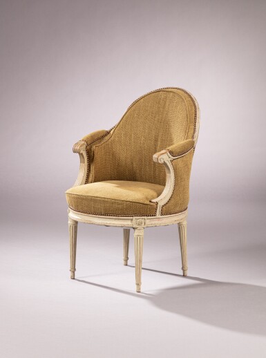 View full screen - View 1 of Lot 72. A Louis XVI grey painted desk armchair, stamped by Nicolas Simon Courtois | Fauteuil de bureau en bois laqué gris d'époque Louis XVI, estampille de Nicolas Simon Courtois.