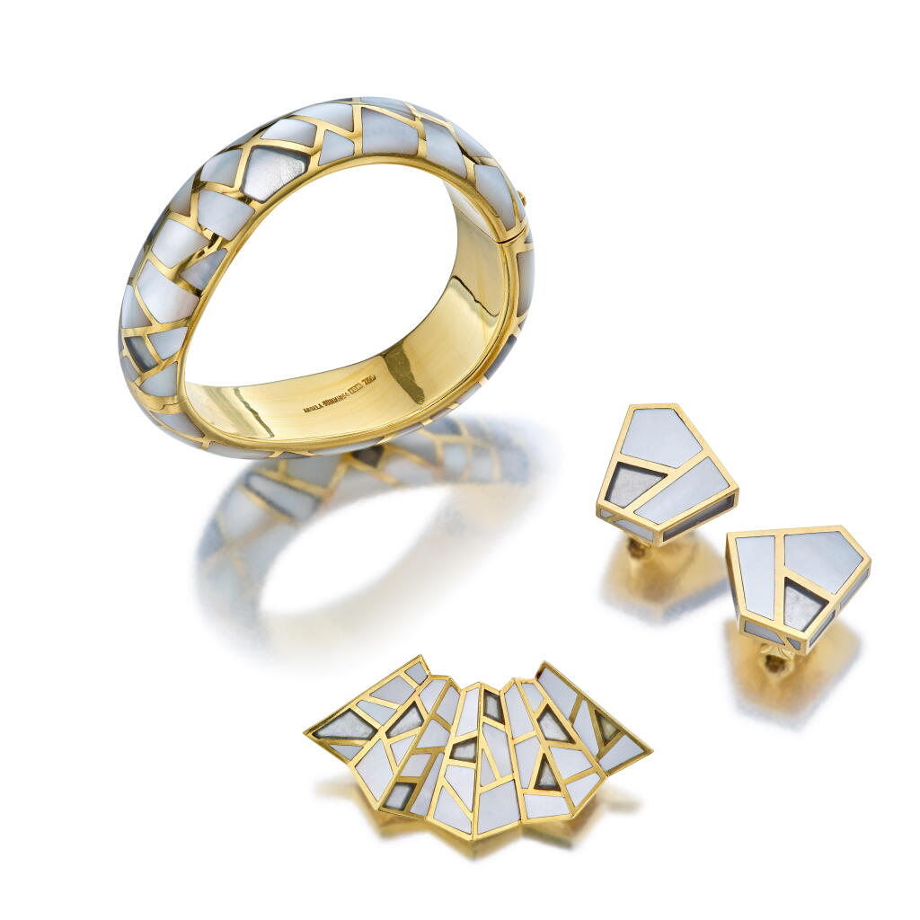 View full screen - View 1 of Lot 103. Gold, Mother-of-Pearl and Rock Crystal 'Trellis' Bangle-Bracelet, Clip-Brooch and Pair of Earclips.