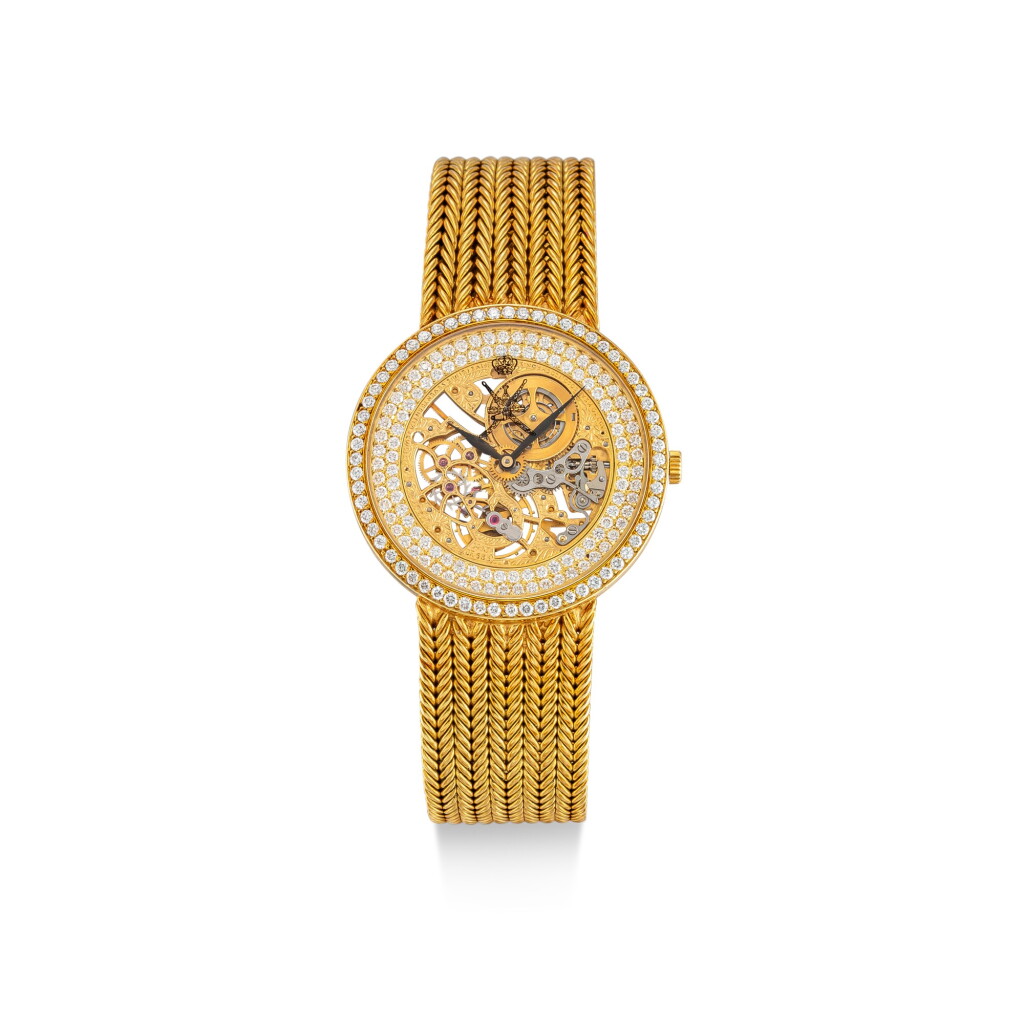 View full screen - View 1 of Lot 8084. AUDEMARS PIGUET | A YELLOW GOLD AND DIAMOND-SET SKELETONISED BRACELET WATCH, MADE FOR THE SULTANATE OF OMAN, CIRCA 1980 | 愛彼 | 黃金鑲鑽石鏤空鏈帶腕錶,為阿曼之蘇丹王而製,約1980年製.
