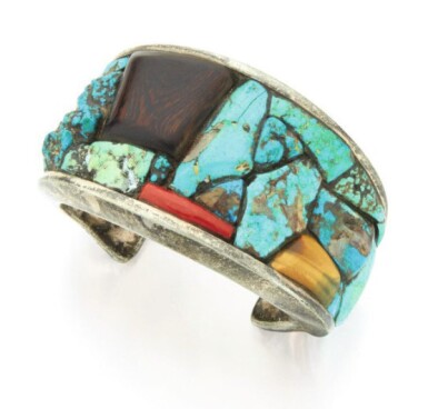 View full screen - View 1 of Lot 128. CHARLES LOLOMA | TURQUOISE, WOOD, CORAL AND TIGER'S EYE CUFF-BRACELET.