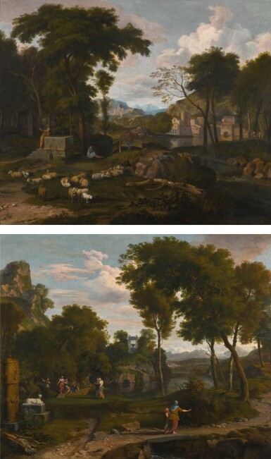 View full screen - View 1 of Lot 95. ALBERT MEYERING | RIVER LANDSCAPE WITH FIGURES AND SHEEP; AND RIVER LANDSCAPE WITH FIGURES DISEMBARKING FROM A FERRY .
