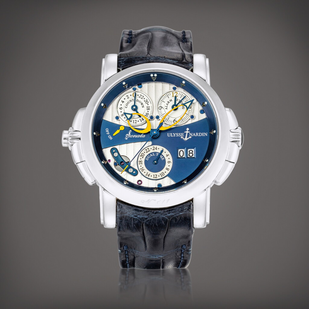 View full screen - View 1 of Lot 8759. Ulysse Nardin | Sonata, Reference 670-88 | A white gold dual time zone wristwatch with date, alarm and countdown indication, Circa 2007 | 雅典 | Sonata 型號670-88 | 白金兩地時間腕錶,備日期、鬧鈴及倒計時顯示,約2007年製.