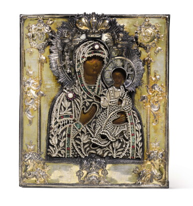 View full screen - View 1 of Lot 95. A silver-gilt and pearl-set icon of the Smolenskaya Mother of God, Moscow, circa 1780.