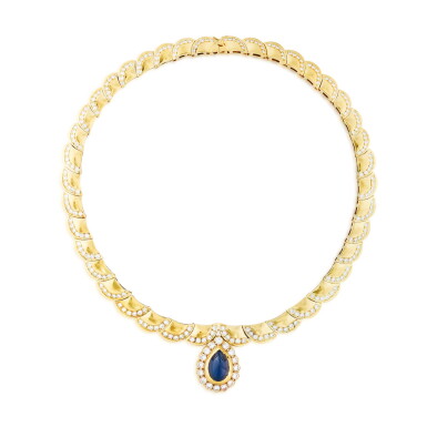 View full screen - View 1 of Lot 254. Collier saphir et diamants | Sapphire and diamond necklace.