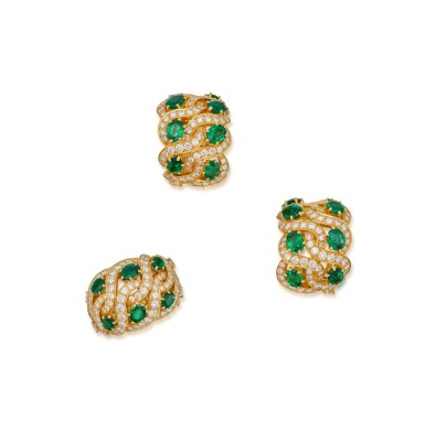 View full screen - View 1 of Lot 222. Emerald and Diamond Ring and Pair of Earclips, France.