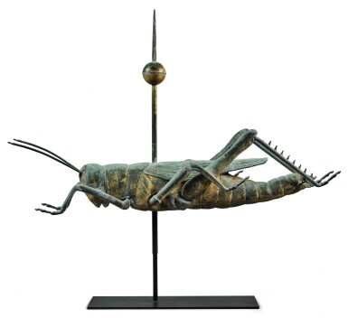 View full screen - View 1 of Lot 1416. EXCEPTIONAL HOLLOW MOLDED AND GILT COPPER GRASSHOPPER WEATHERVANE, ATTRIBUTED TO L.W. CUSHING & SONS WALTHAM, MASSACHUSETTS, CIRCA 1883.