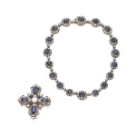 Silver-Topped Gold, Sapphire and Diamond Necklace-Bracelet Combination and Pendant-Brooch