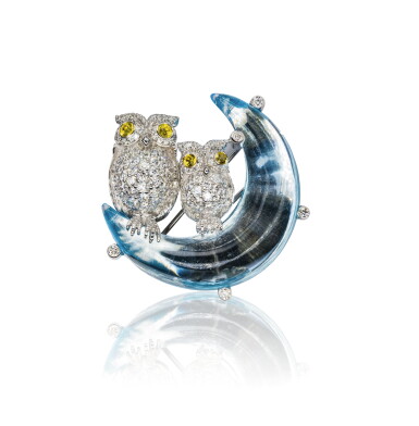 View full screen - View 1 of Lot 110. Diamond, blue topaz and yellow sapphire brooch, 'Owls on the moon', Michele della Valle.