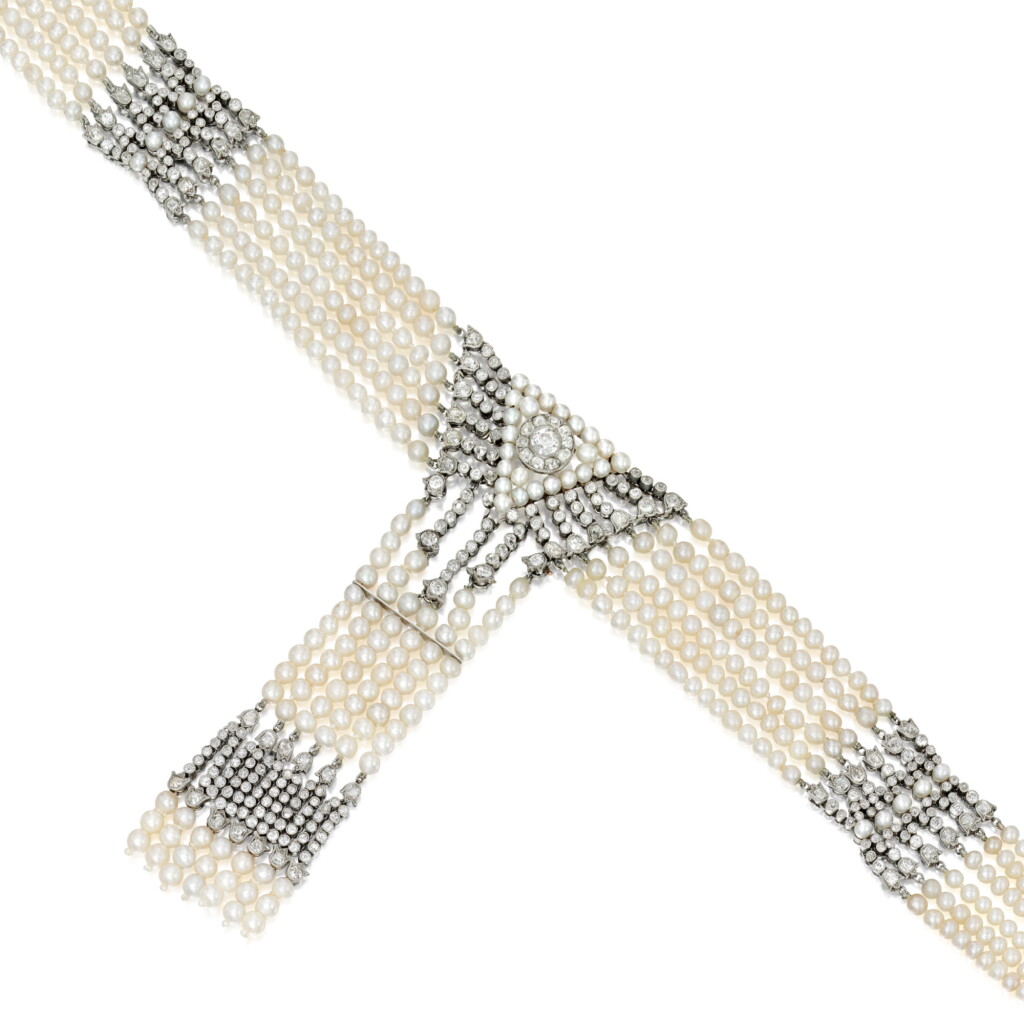 View full screen - View 1 of Lot 505. PEARL AND DIAMOND CHOKER-NECKLACE, CARTIER, PARIS | 珍珠配鑽石項圈,卡地亞.