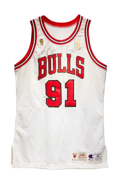 View full screen - View 1 of Lot 2. Dennis Rodman 1997 NBA Finals Championship Clinching Game Worn & Signed Jersey | Game 6.