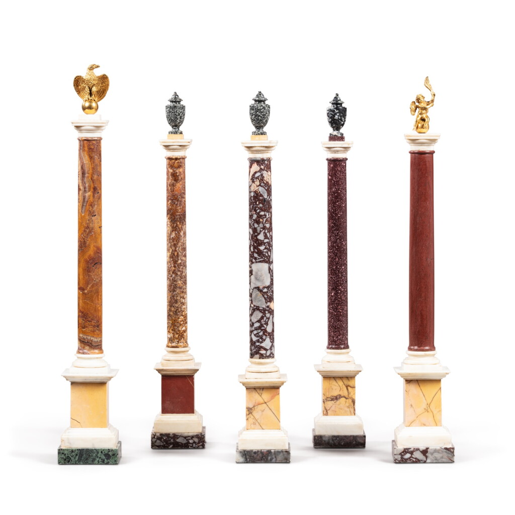 View full screen - View 1 of Lot 513. A set of five gilt-bronze-mounted marble and hardstone columns, 20th century.
