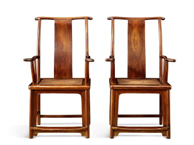 View full screen - View 1 of Lot 3680. A rare pair of huanghuali yokeback armchairs, guanmaoyi, Ming dynasty, 17th century | 明十七世紀 黃花梨四出頭官帽椅一對.