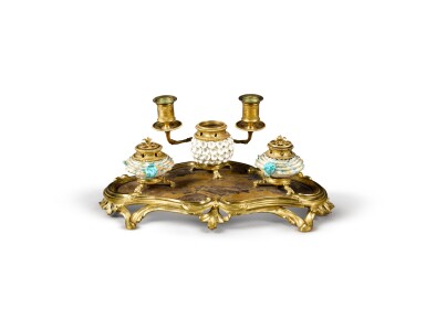 View full screen - View 1 of Lot 111. A Louis XV style gilt-bronze, porcelain and Japanese lacquer inkstand, the porcelain 18th century, probably Mennecy, the bronze 19th century.