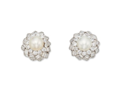 View full screen - View 1 of Lot 185. Mauboussin | Pair of Natural Pearl and Diamond Earclips, France 天然珍珠配鑽石耳環一對,法國.