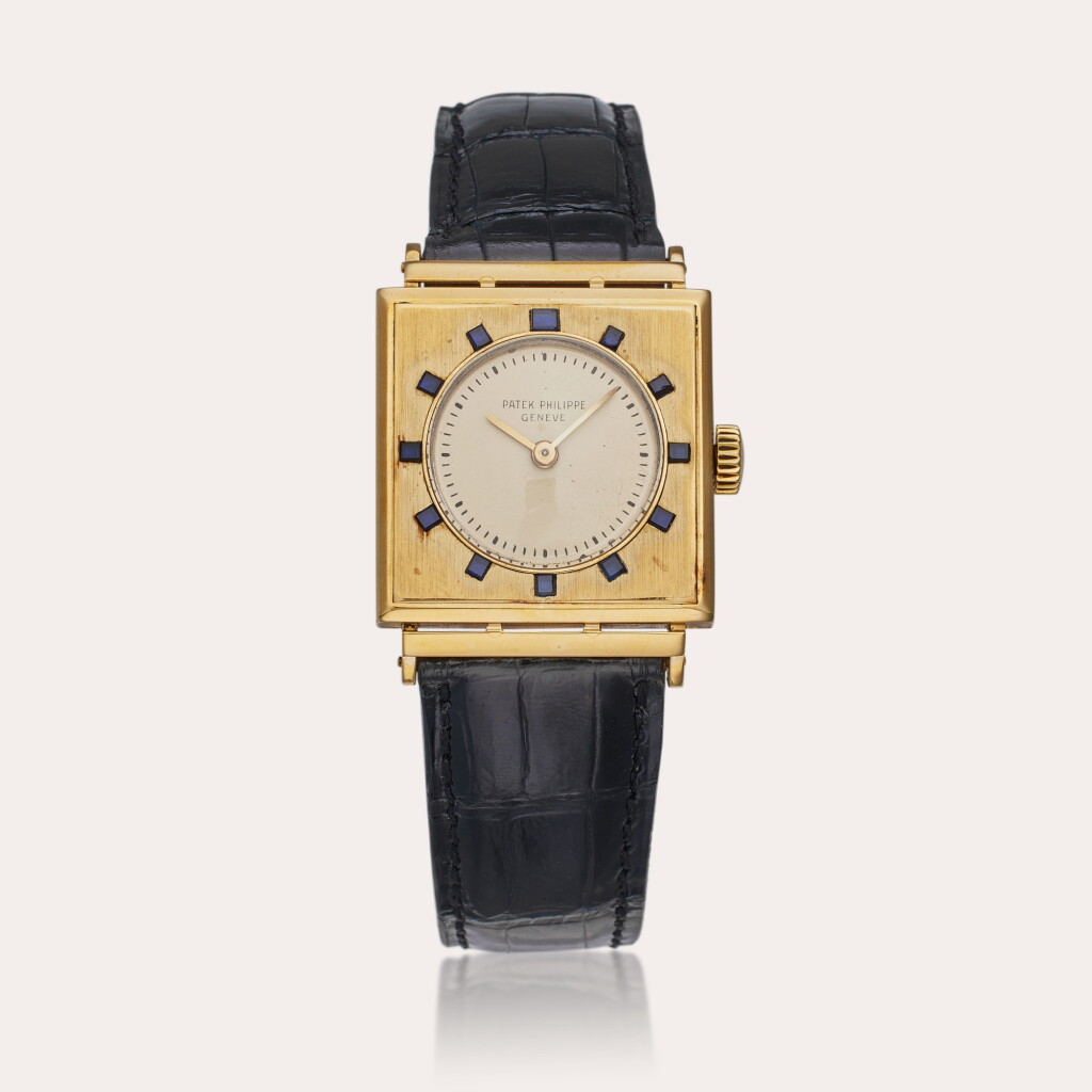 View full screen - View 1 of Lot 16. Reference 482 Gondolo | A yellow gold and sapphire-set square shaped wristwatch, Made in 1951.
