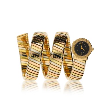 View full screen - View 1 of Lot 104. BULGARI | REFERENCE BB 19 1T TUBOGAS A TRI-COLORED GOLD QUARTZ CUFF WATCH, CIRCA 1995.
