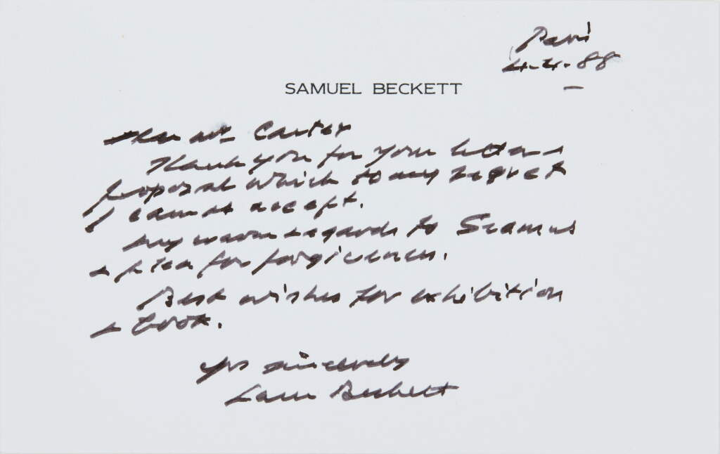 View full screen - View 1 of Lot 141. Beckett, autograph postcard signed, to Ray Carter, 1988.