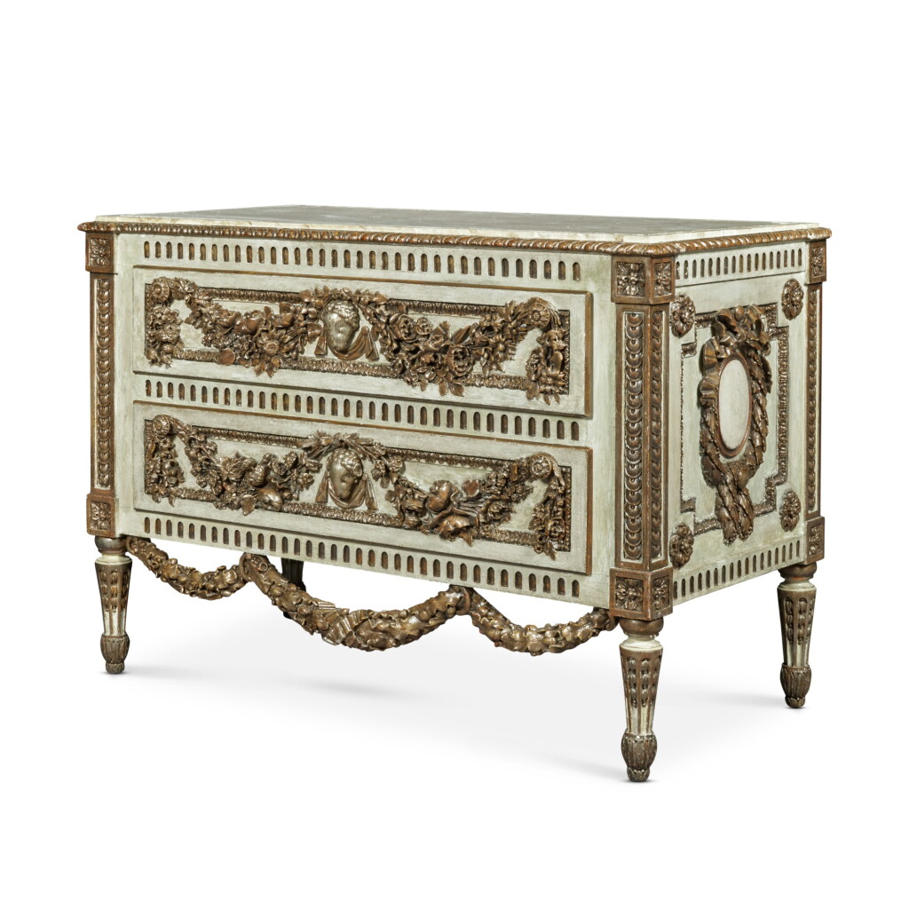 View full screen - View 1 of Lot 1191. WINDSOR: An Italian Neoclassical Style Silvered and White-Painted Wood Commode, Probably by Maison Jansen.