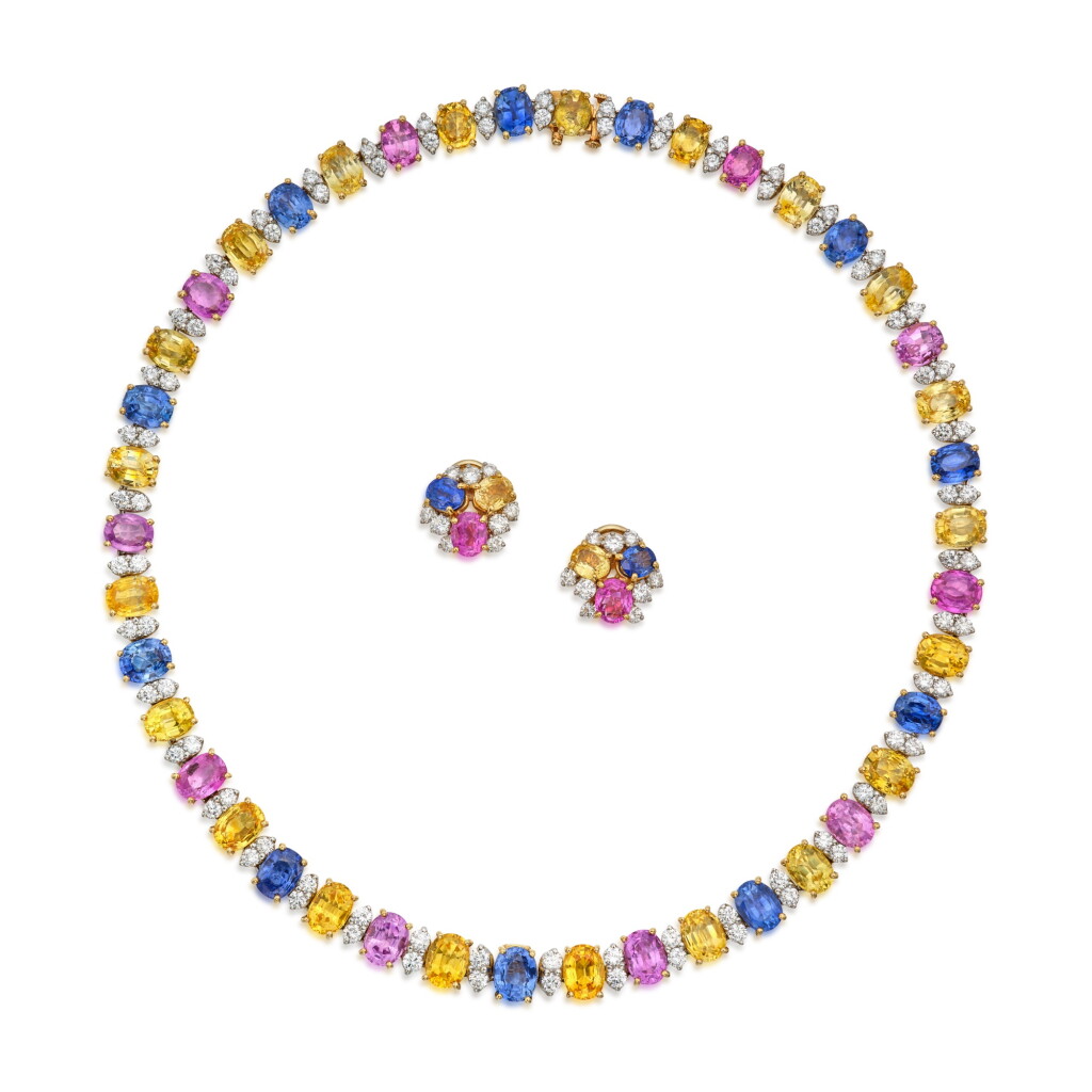 全螢幕檢視 - 查看329Multi-Colored Sapphire and Diamond Necklace and Pair of Earclips的1