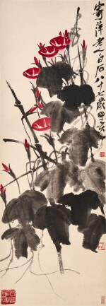 Attributed to Qi Baishi, Morning glories, Ink and color on paper, hanging scroll