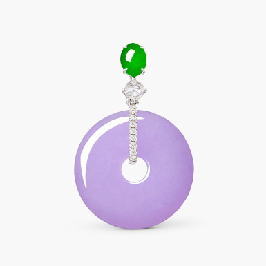View full screen - View 1 of Lot 1502. Lavender Jadeite ‘Huaigu’, Jadeite and Diamond Pendant | 天然紫色翡翠「懷古」 配 翡翠 及 鑽石 掛墜.