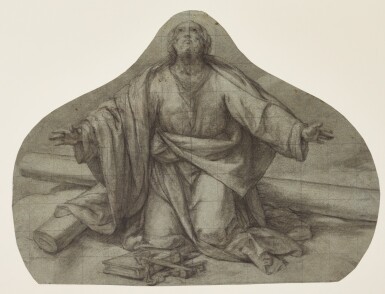 View full screen - View 1 of Lot 518. BOLOGNESE SCHOOL, CIRCA 1600 | Study for St. Peter kneeling, his arms outstretched .