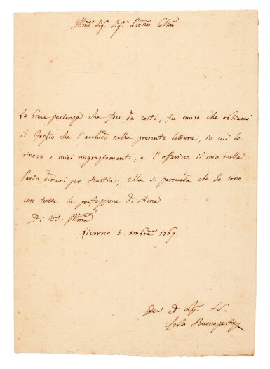 View full screen - View 1 of Lot 15. CARLO BONAPARTE | autograph letter signed, by Napoleon's father, to an unnamed gentleman, 1769.