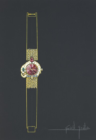 View full screen - View 1 of Lot 20. An original prototype design featuring an elephant, painted by Gérald Genta, with accompanying NFT, Circa 1983 | 傑洛・尊達 一幅以象為主題的原型設計圖,由傑洛・尊達繪製並附帶 NFT 証書,約1983年製.