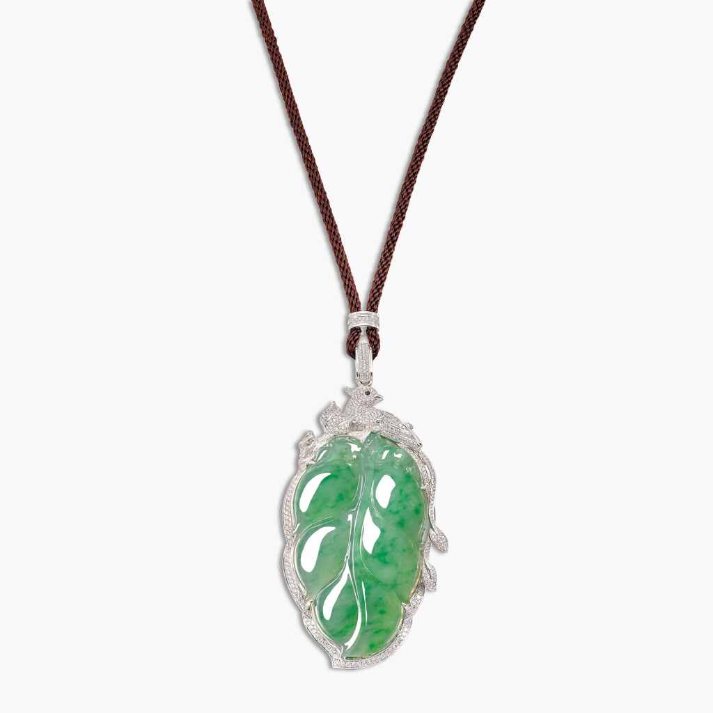 View full screen - View 1 of Lot 1467. Carved Jadeite and Diamond Pendent Necklace | 天然「緬甸」翡翠 配 鑽石 掛墜項鏈.