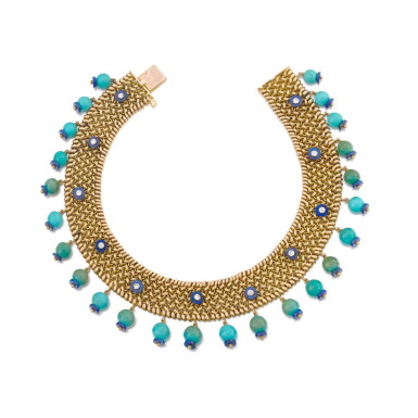 View full screen - View 1 of Lot 63. Collier or, turquoise, lapis lazuli et diamant | Gold, turquoise, lapis lazuli and diamond necklace .