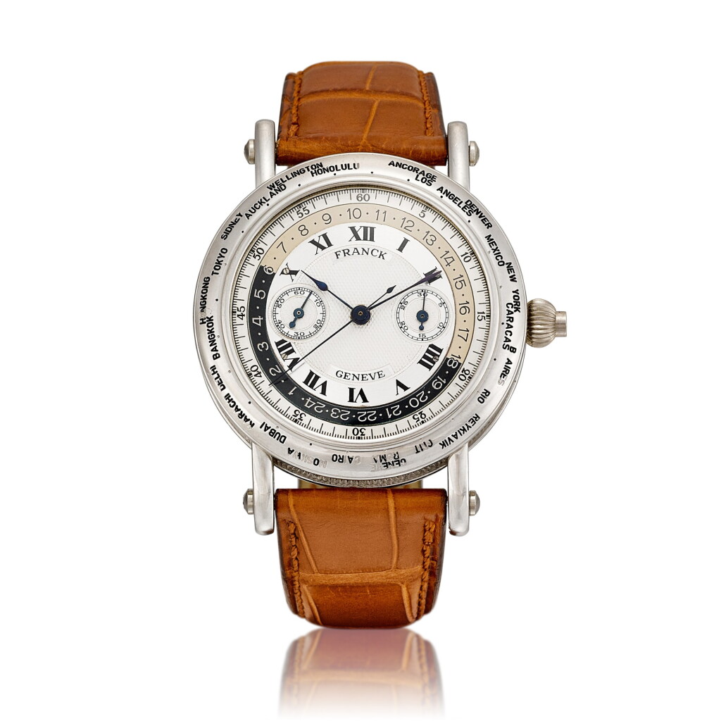 View full screen - View 1 of Lot 2297. Janus Chronograph Monopusher | A platinum single button chronograph wristwatch with day and night indication, pulsation scale and double dial, Circa 1990 | Franck Muller | Janus Chronograph Monopusher | 鉑金單按鈕計時腕錶,備晝夜顯示、脈搏計刻度及雙錶盤,約1990年製.
