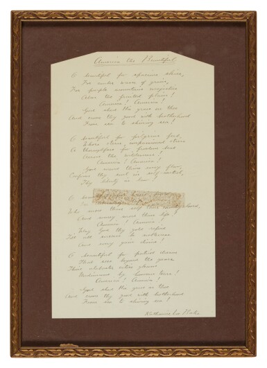 View full screen - View 1 of Lot 3. Bates, Katharine Lee | Complete autograph transcript of "America the Beautiful".