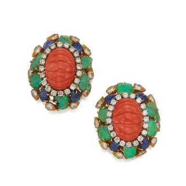 View full screen - View 1 of Lot 104. Pair of Coral, Diamond and Gem-Set Earclips.