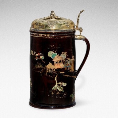 View full screen - View 1 of Lot 4. An extremely rare Böttger enamelled and gilt black-glazed red stoneware tankard, with silver-gilt mount, Circa 1711-15, the mounts Abraham III Warnberger, Augsburg, 1732-34.