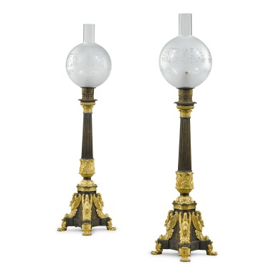 View full screen - View 1 of Lot 82. A pair of Russian gilt and patinated bronze oil lamps, second quarter 19th century.