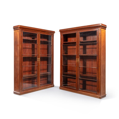 View full screen - View 1 of Lot 57. A pair of Empire mahogany and ebonized wood bookcases, circa 1810, stamped by Pierre-Antoine Bellangé | Paire de bibliothèques en acajou et bois noirci d'époque Empire, vers 1810, estampille de Pierre-Antoine Bellangé.
