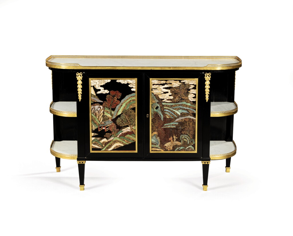View full screen - View 1 of Lot 411. A Louis XVI style gilt bronze mounted polychrome chinese lacquer and caribbean mahogany, oak, pear and ebonised wood console desserte.