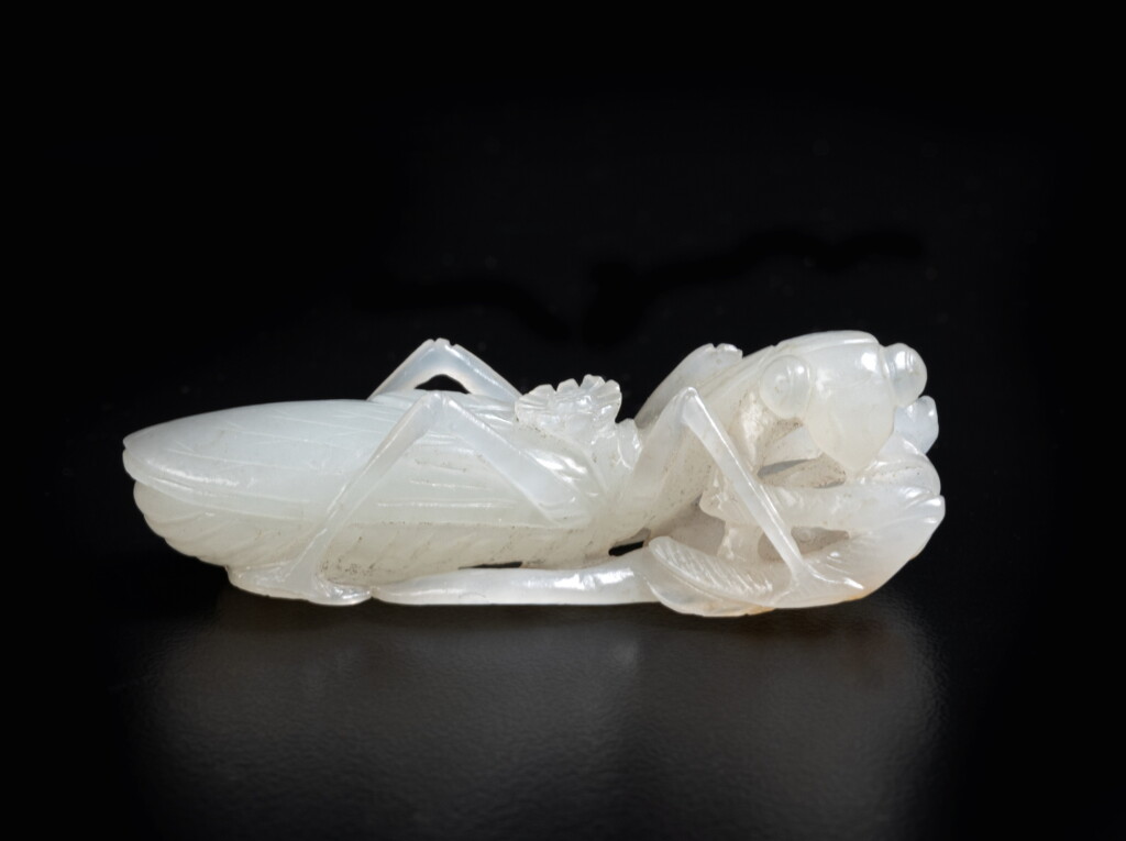 View full screen - View 1 of Lot 432. A white jade figure of a praying mantis, Qing dynasty, 18th century.