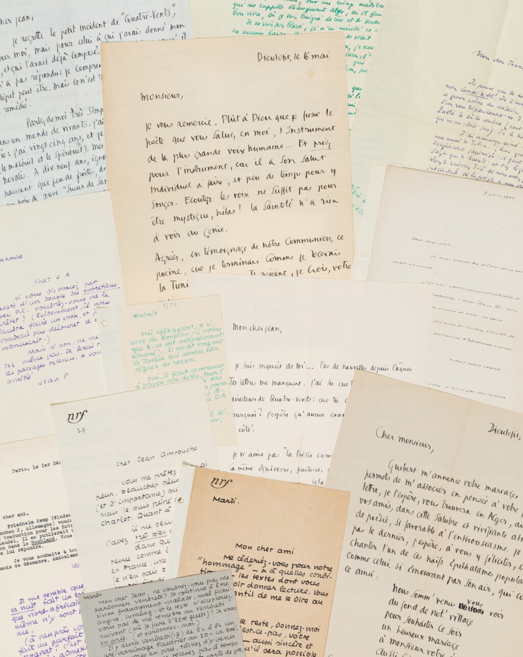 View full screen - View 1 of Lot 59. Correspondances adressées à Amrouche par Bosco, Pierre Emmanuel, Jouhandeau, Jouve, Martin du Gard, Paulhan et Jules Roy..