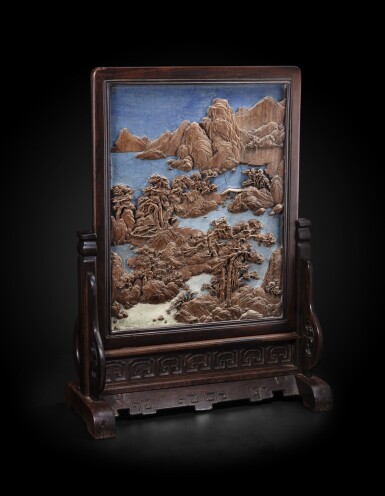 View full screen - View 1 of Lot 225. A rare imperial bamboo-inlaid and zitan-framed ‘landscape’ screen Qing dynasty, Qianlong period | 清乾隆 紫檀嵌竹山水圖、百壽紋雙面插屏.