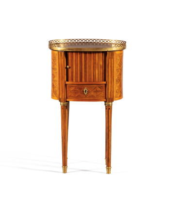 View full screen - View 1 of Lot 133. A Louis XVI tulipwood table, stamped C.TOPINO, circa 1780 | Table tambour en placage de bois de rose et marqueterie géométrique d'époque Louis XVI, estampillée C.TOPINO, vers 1780.