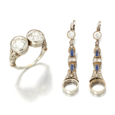 View full screen - View 1 of Lot 32. PAIR OF DIAMOND EARRINGS AND RING (PAIO DI ORECCHINI E ANELLO IN DIAMANTI).